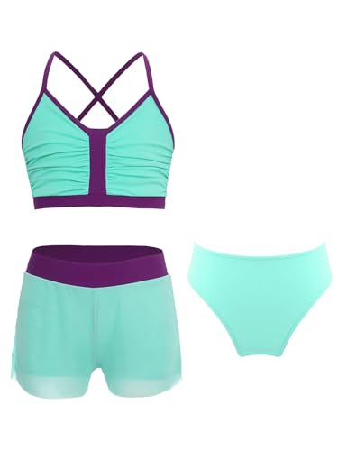Hedmy Girls Three Pieces Athletic Swimsuit Color Block Bikini Set with Bottom and Swim Shorts Swimwear