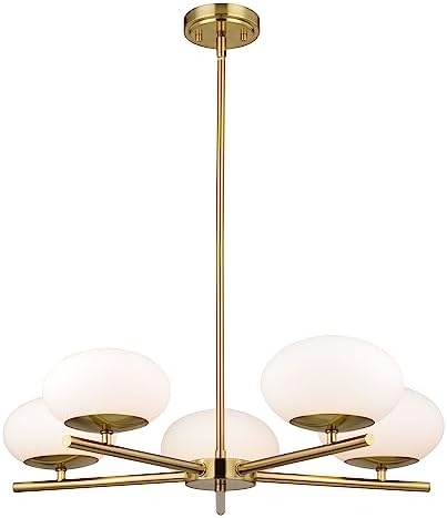 VAXCEL Sloane 5 Light LED Gold Satin Brass Mid-Century Modern Chandelier with White Glass Globes