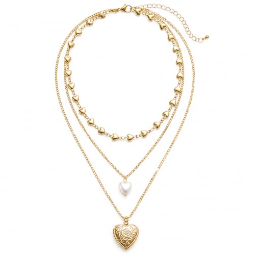 Layered Heart Pendant Necklace, Gold Tone Pearl Chain Jewelry for Women by FAJYXTZF - Used condition - US$5.81