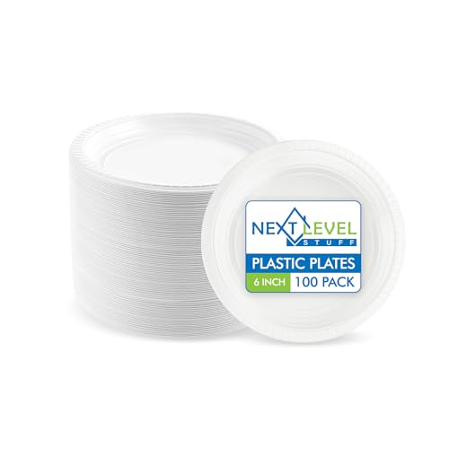 Next Level Stuff White Plastic Plates, 6 Inch, 100 Count – Disposable and Microwavable Dinnerware for Weddings, Party, Dinner, Dessert, Appetizers