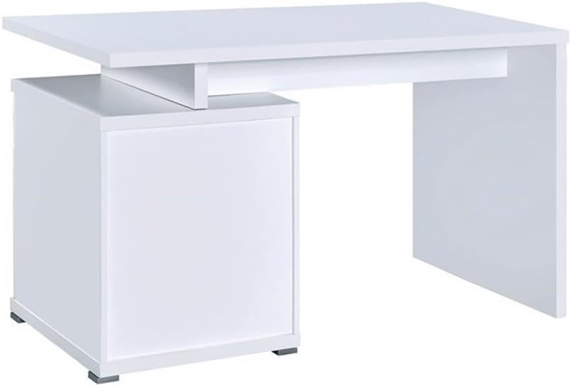 Pemberly Row Contemporary Wood Office Desk, 47.25" W x 23.5" D x 29.5" H, White Finish, 2 Drawers with Cabinet, Reversible Setup, Sleek Design, Melamine Paper Construction, Indoor Home Office