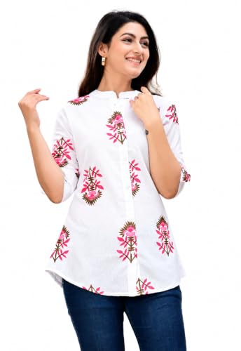 Image of Women's Rayon Floral Printed Short Kurti | Regular Fit | Mandarin Collar | Casual Wear for Office, College