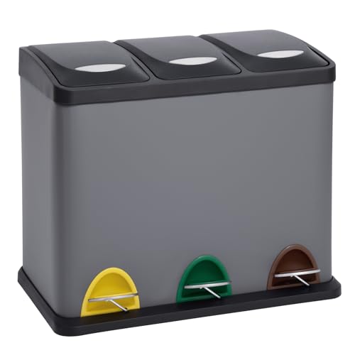 SVITA TC3X8 Küchen-Eimer 24 Liter 3X 8L pulverbeschichteter Stahl dreifach Abfalleimer 3er-Mülleimer Mülltrennung Treteimer mit Deckel Grau mit Pedalen und herausnehmbaren Eimern