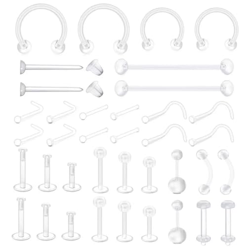 DSOMHZ Clear Nose Studs，38Pcs Septum Rings,Piercing Retainers,Clear Earrings,Industrial Piercing Jewelry,Plastic Nose Rings for Surgery,Eyebrow Nipple Piercing Jewelry.