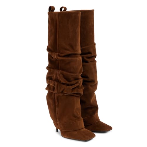 Goolita Fold Over Boots For Women, Square Toe Stiletto Heel Slouchy Knee High Boots Leather Comfortable Slip On Tall Boots2