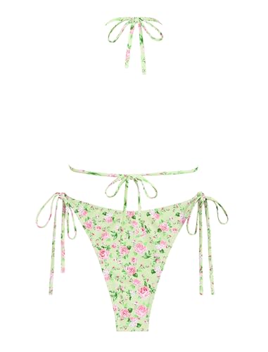 ZAFUL Women's Sexy Halter Bikini Sets Bow Decor Tiny Floral Print Bikini Swimsuits Tie Side Triangle Bathing Suits2