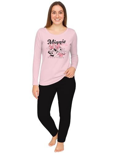 Disney Minnie Mouse Schlafanzug für Damen - Good Times Pyjama Set Langarm Oberteil mit Hose Rosa/Schwarz (DE/NL/SE/PL, Alphanumerisch, L, Regular, Regular, Rosa/Schwarz)