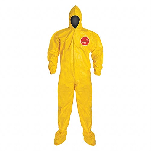 DuPont Yellow Tychem QC Chemical Protection Coveralls With Serged Seams, Front Zipper Closure, Attached Hood, Attached Sock Boots, Elastic Face And Elastic Wrists XL QC122SYL-XL