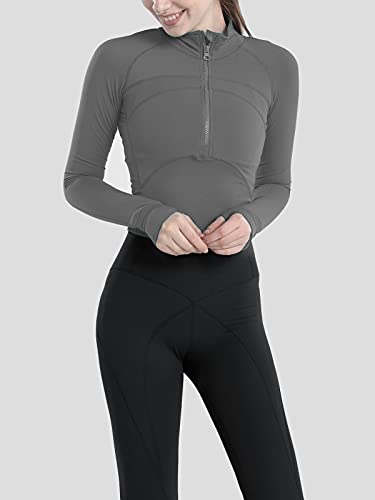 Vsaiddt Women's Athletic Half Zip Pullover Sweatshirt Workout Top Crop Quarter Zip Pullover Yoga Running Jackets（A-Grey, Medium） #TOP1