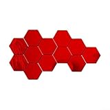 Shophubio Hexagon Acryl-Spiegel-Wandfliesen, 12-teiliges Set, Silber/Gold/Blau/Rot/Schwarz, 10 x 8,7 cm, für Schlafzimmer, Wohnzimmer, Badezimmer Dekor (Rot)
