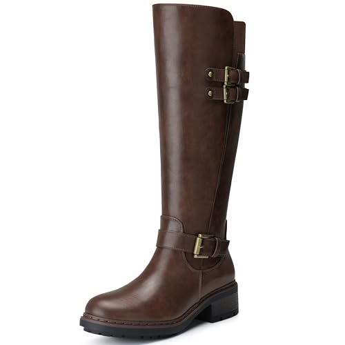 SHIBEVER Women's Knee High Boots: Dark Brown Round Toe Side Zipper Motorcycle Riding Boots - Low Block Heel Tall Fall Boots 2026 Size 9