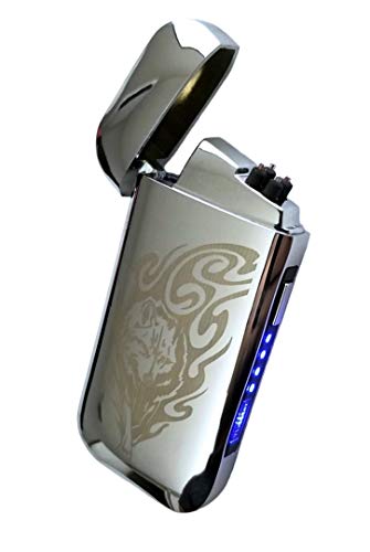 Vizliter Electronic Dual Arc Lighter, Flameless, Elegant Slick Design, Rechargeable, Business, Windproof and Splashproof Silver Tribal Wolf