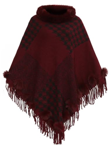 Women's Plaid Pashmina Shawl Wraps Chunky Fringe Pullover Poncho Cape Cloak Warm Sweater Coat Faux Fur Trim