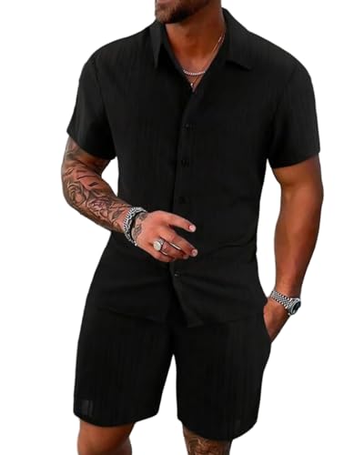 Männer Trainingsanzug Polo Shirt Set Knopf Kurzarm Strand Joggers Gym Top...