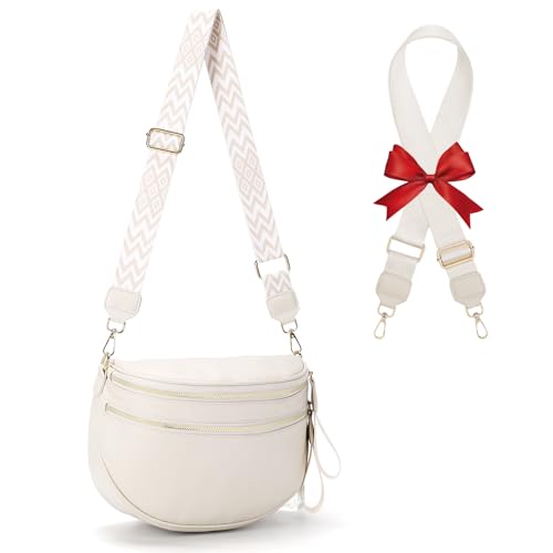 AnBlack Leather Crossbody Fanny Pack Trendy Bum Bag Double Zip Multi Compartment with 2 Adjustable Straps Daily Belt Purse for Women (White)