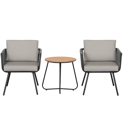 Outsunny Conjunto de Muebles de Jardín de Ratán Sintético 3 Piezas Conjunto de Mesa y 2 Sillas de Ratán con Cojines Acolchados Extraíbles para Balcón Terraza Patio Gris