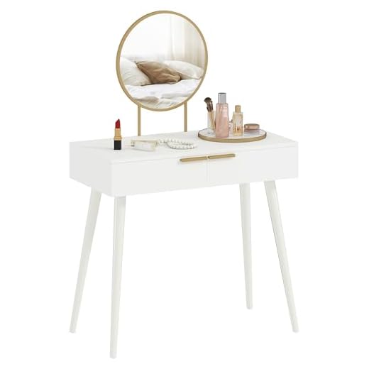 HOMCOM Modern Dressing Table with Round Mirror, Makeup Vanity Table with 2 Drawers for Bedroom, Living Room, White