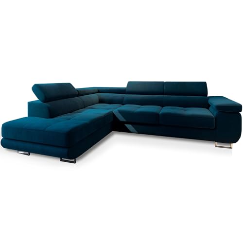 Masseno Ecksofa Selva L-S mit Schlaffunktion L-Form, Glamour Sofa mit Bettkasten, Wohnzimmersofa, Couch, Soffa, Bettsofa, Couchgarnitur - Blau, Monolith 77