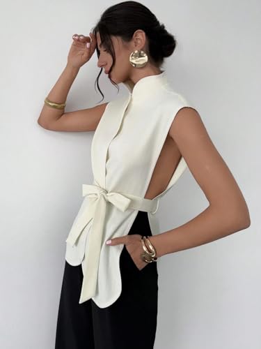 Chic & Cozy: Women’s Elegant Stand Collar Jacket with Tie Waist in Crisp White (Small) - Image 3