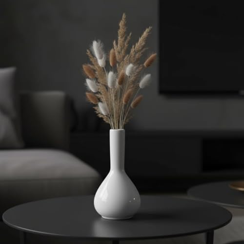 Image of PUREZENTO Raindrop White Ceramic Bud Vase 5.31 Inch - Set of 1 | Glossy White Decorative Bud Vase for Dried Flowers & Pampas Grass | Vases for Modern Home Decor, Living Room, Office Decor & Gifting