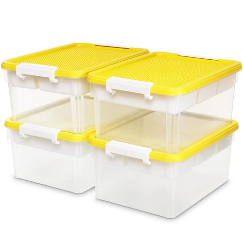 Image of Citylife 17 QT Plastic Storage Box with Building Baseplate Lid and Removable Tray Craft Organizers and Storage Clear Storage Container for Organizing Bead, Tool, Sewing, Yellow-4 Packs