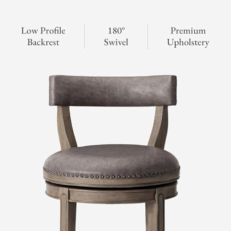 Maven Lane Alexander Counter Stool 26 Inches Swivel Stool with Footrest Grey Solid Wood and Grey Faux Leather Upholstery Perfect for Kitchen Island and Counter