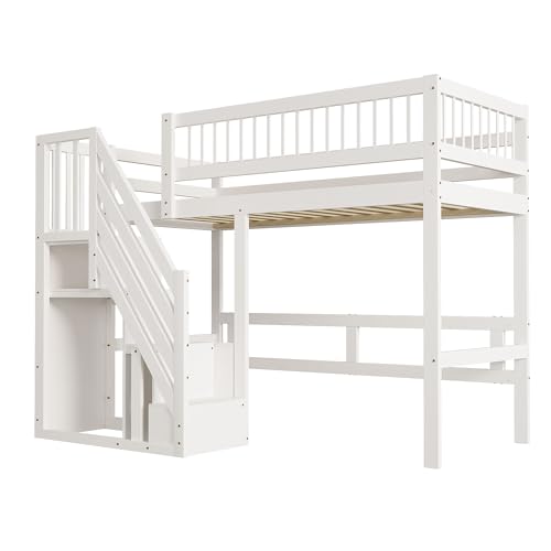 Etagenbett 90x200, Kinderbett Hochbett mit Treppe und Aufbewahrungsschrank, Funktionsbett Einzelbett Stockbett Spielbett Kinderhochbett Jugendhochbett mit Lattenrost, Massivholz, Ohne Matratze, Weiß