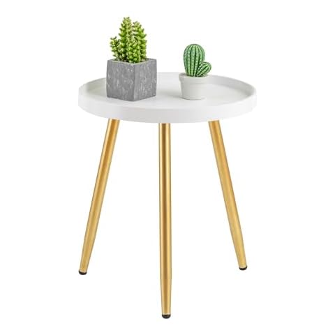 Round Side Table Wooden Tray Table with Metal Tripod Stand Nightstand Coffee Table End Table for Living Room Bedroom Office Small Spaces, 18" H x 15”D (White & Gold) Cover