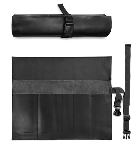 Under NY Sky Estojo Porta Facas em Couro Legítimo - 6 Bolsos - Bolsa Rolo Porta Facas e Utensílios - Chef, Grill, Churrasco - Preto