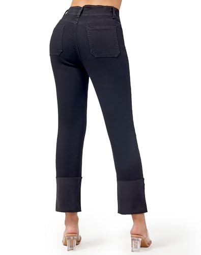 roswear Women's Stretchy Petite Cuffed Jeans with Patch Pockets High Waisted Cropped Straight Leg Denim Pants2