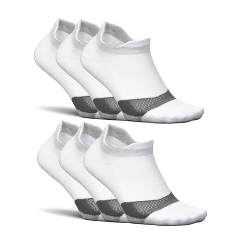 Feetures Elite Light Cushion No Show Tab Ankle Socks - Sport Sock with Targeted Compression - New White, S (6 Pair)