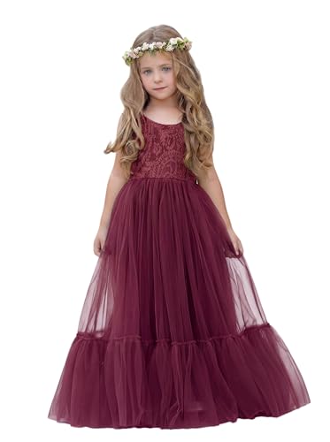LalaMira Flower Girl Dress Lace/Tulle Boho Toddler Dresses Ruffle Girl Dress for Wedding Garden Party First Communion Holiday Burgundy-10 Years