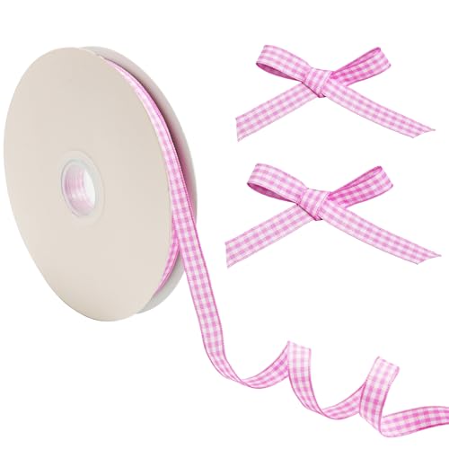 Qirimoi Pink Gingham Ribbon 3/8 Inch x 50Yd Roll Pink and White Checkered Fabric Ribbon for Crafts Bows Gift Wrapping Decoration