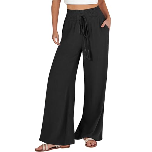 Women's Drawstring Linen Palazzo Pants Summer High Waist Wide Leg Beach Trousers Trendy Lounge Pant with Pockets