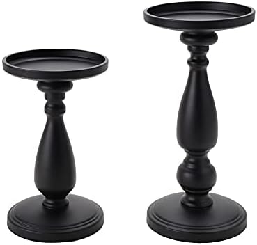 volnyus Black Decorative Candle Holder Set of 2 - Home Decor Pillar Candle Stand, Coffee Table Mantle Decor Centerpieces for Fireplace, Living or Dining Room Table,Classic Pastoral Style Candlesticks