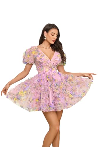 V Neck Floral Homecoming Dresses for Teens Backless Ruched Graduation Dress Puffy Sleeves A Line Short Prom Gowns