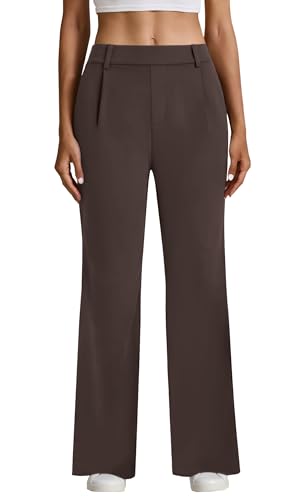 SEAJOJO Dress Pants Women High Waisted, Straight Business Casual Trousers Stretchy Work Slacks with Pockets Brown