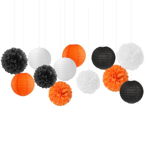 Image of Orange-Black White Party-Decorations Paper-Flowers Lanterns - 15PCS Halloween Tissue Pom Poms Streamers,Vintage Baby Bridal Shower Birthday Bachelorette Wedding Hanging Supplies Decor Hugfond