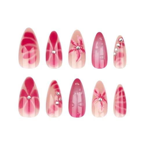 Image of Flower Press on Nails Purple Ombre Fake Nails Medium Almond False Nails with Rhinestone Design 5D Starfish Glue on Nails Glossy Artificial Acrylic Full Cover Spring Stick on Nails for Women Manicure