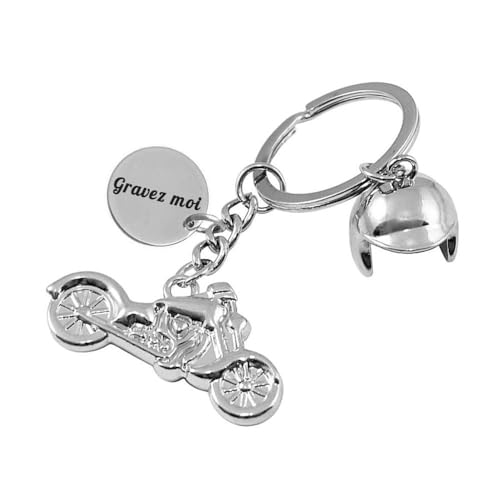 Porte-clés Casque Et Moto Argenté Gravure Personnalisée Sur Médaille Bijou Homme