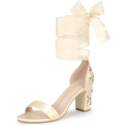 Allegra K Allegra K Women's Floral Heels Satin Lace Up Chunky Heel Champagne Sandals 7.5 M US