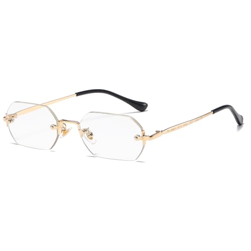 JCTAIFOO Retro Randlose Rechteckige Sonnenbrille Damen Herren Vintage Schlanke Rechteckig Getönte Brille (Gold/Transparent)