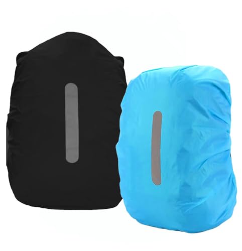 PINEPAN fundas impermeables para mochilas y mochilas escolares, protección contra la lluvia para camping, senderismo, con rayas reflectantes, 20 l, 2 unidades (negro y azul)