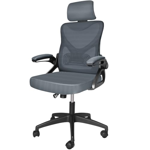 VOUNOT Silla Oficina Ergonómica, Silla de Escritorio para Ordenador, Ajustable y Reclinable con Reposacabezas, Soporte Lumbar y Reposabrazos Abatibles, Malla Transpirable Ruedas Giratorias 360°, Gris
