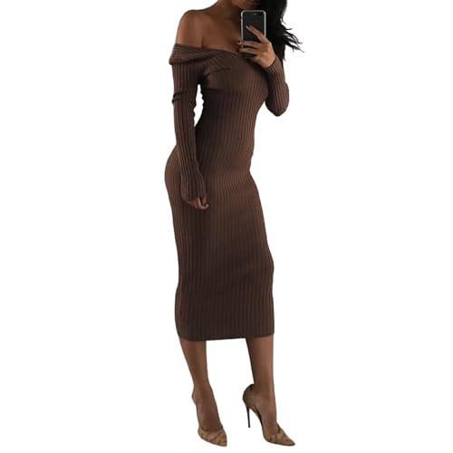 Vestido largo de manga larga con cuello en V grande y hombros descubiertos para citas sexis de noche