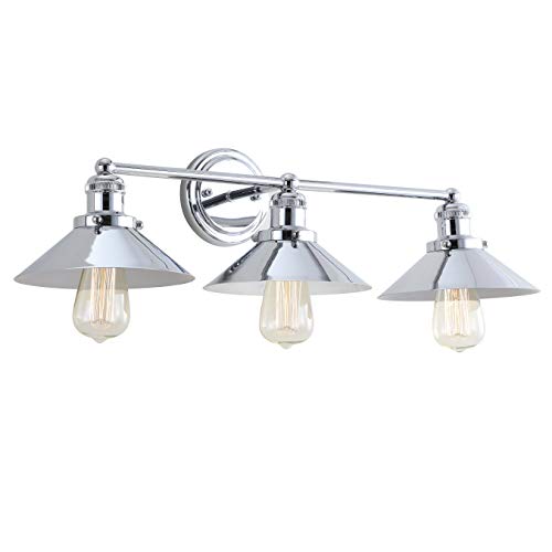 JONATHAN Y 26.5" Chrome 3-Light Industrial Farmhouse Metal Vanity Light Wall Sconce, Metal Shade for Bathroom Mirror, Kitchen, Entryway, LED Bulb Included (JYL7425A)