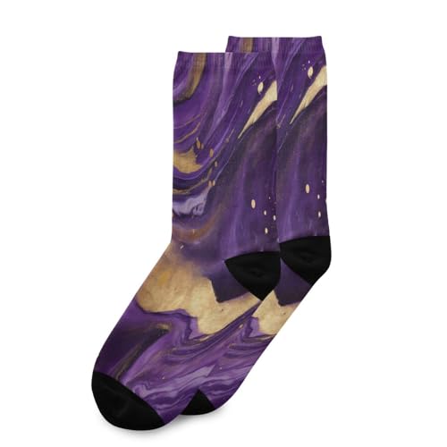 1 Pair Gold Purple Marble Crew Socks Breathable Compression Athletic Socks for Women Men Sport Running Cycling3