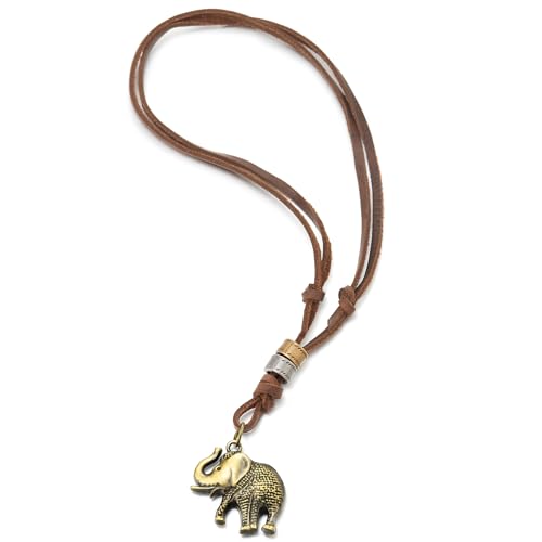 COOLSTEELANDBEYOND Vintage Gealtertes Messing Strukturierte Elefanten Anhänger, Halskette für Damen, mit Verstellbaren Braun Lederband COOLSTEELANDBEYOND Vintage Gealtertes Messing Strukturierte Elefanten Anhänger, Halskette für Damen, mit Verstellbaren Braun Lederband