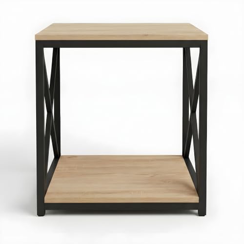 Image of Contour Engineered Wood & Metal Accent Side Table with Open Storage Shelf | Modern Industrial End Table for Living Room & Bedroom | Sofa Side Table | Oak & Black Finish