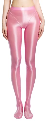 Image of FEOYA Women's Open Crotch Oil Shiny Pantyhose High Waist Control Top Silky Oily Crotchless Footed Tights Stockings